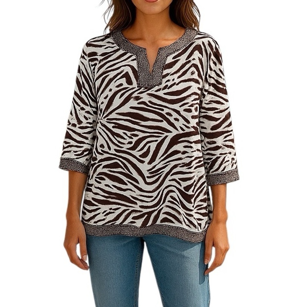 Alfred Dunner 1X Brown White Tunic Beaded Sequin Modest Cotton